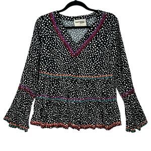 Savanna Jane Top Womens Small Polka Dot Embroidered Bell Sleeve Tiered Blouse